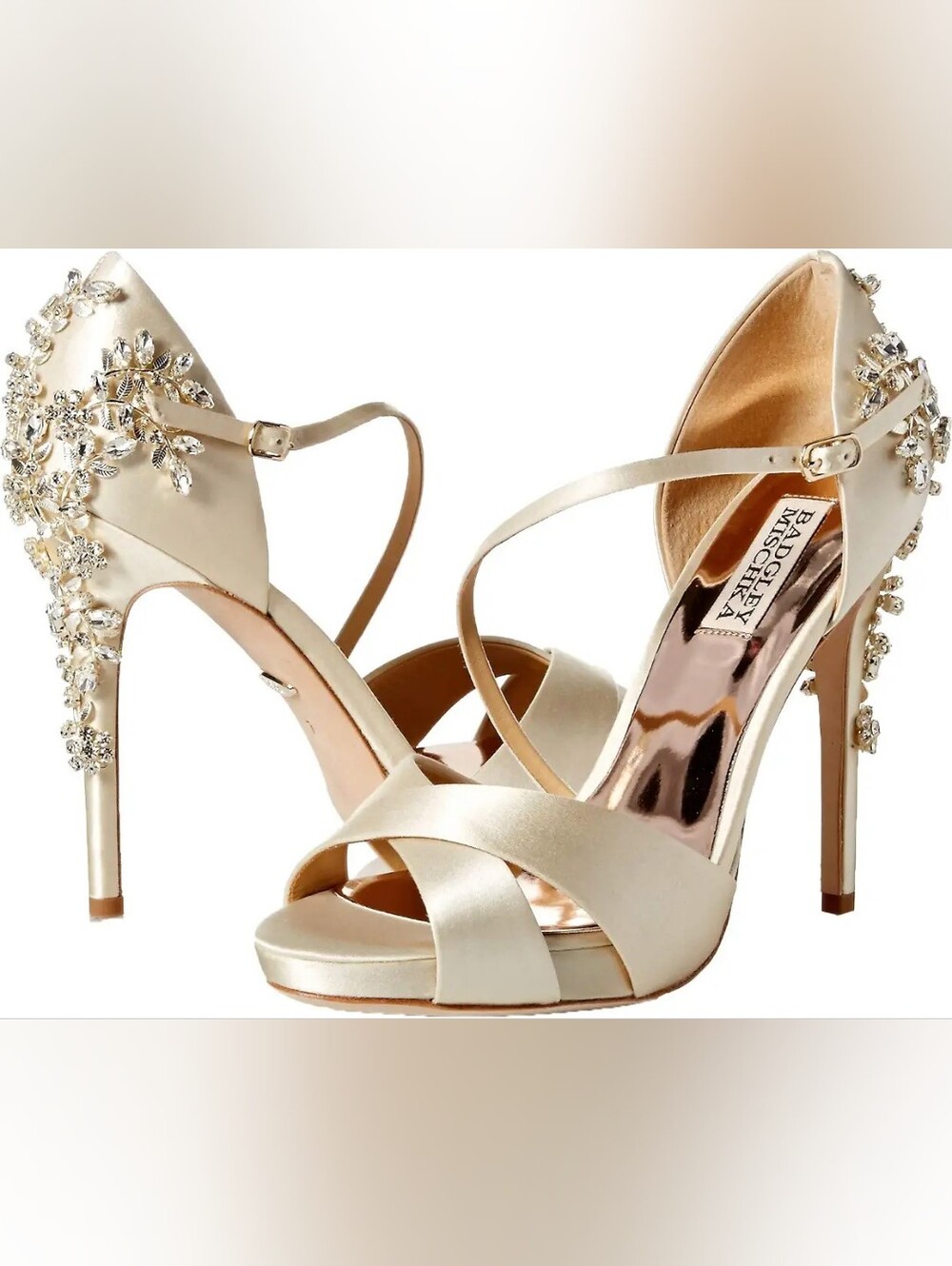 Badgley Mischka Fame Ivory Satin Crisscross Open-Toe Heels with Crystal Accent